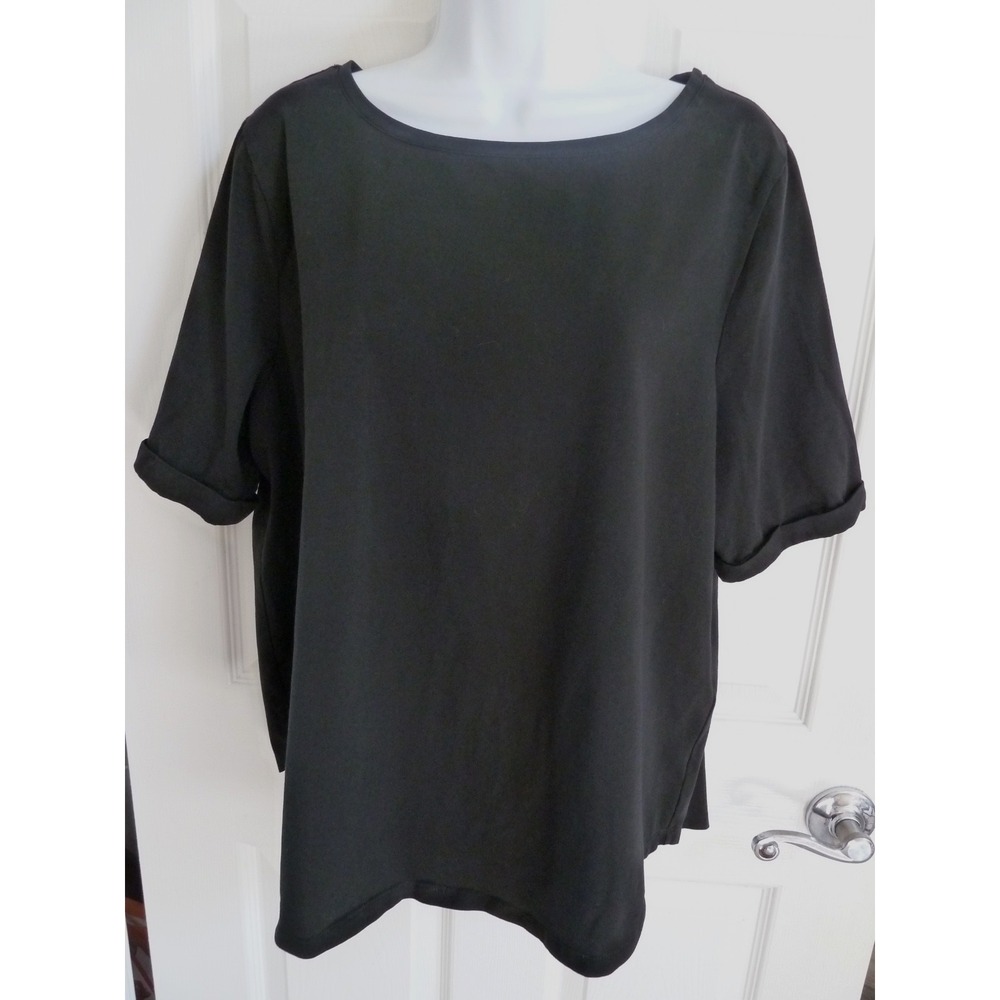 Chico's Size 3 XL Cotton Cuffed Sleeve Tee Shirt Black Pullover Curved Hem
